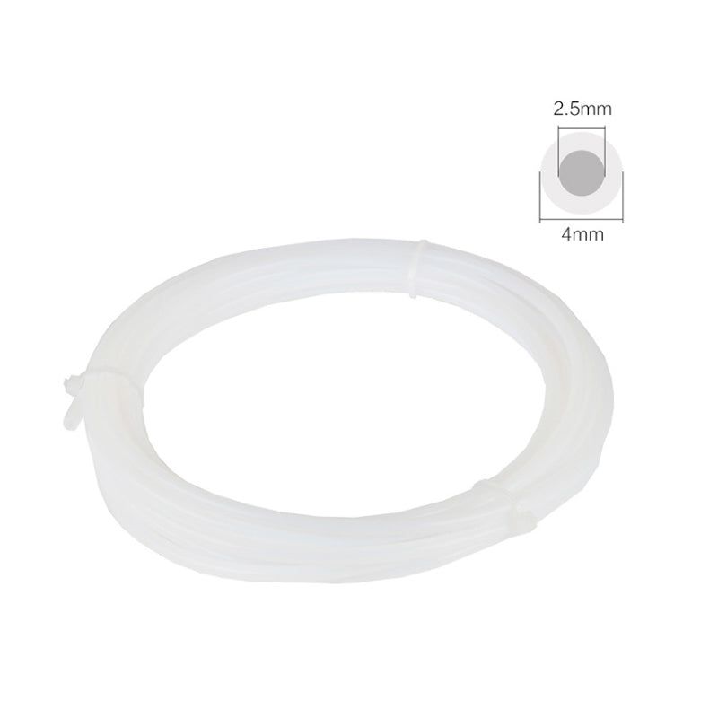 Semi-transparent white PTFE tubing coil showing 2.5mm inner diameter and 4.0mm outer diameter dimensions