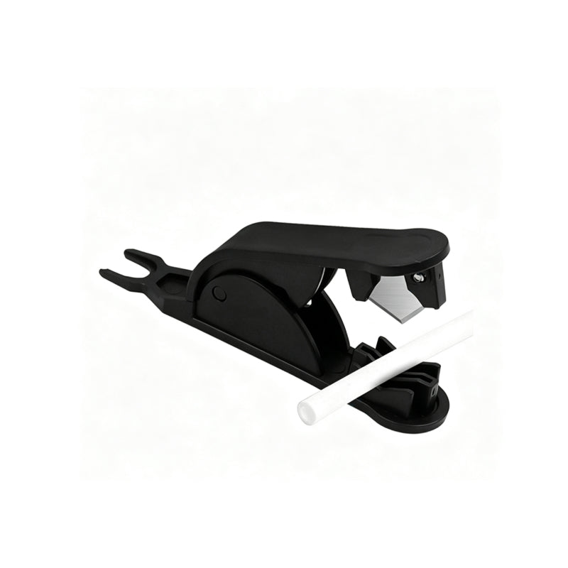 Black precision tube cutting tool making a straight 90-degree cut on white PTFE tubing