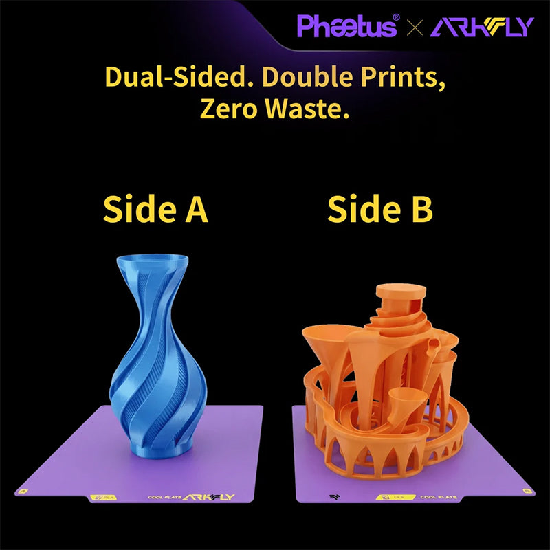 Phaetus Arkfly POPWEB Cool Plate showing dual-sided printing compatibility on Side A and Side B