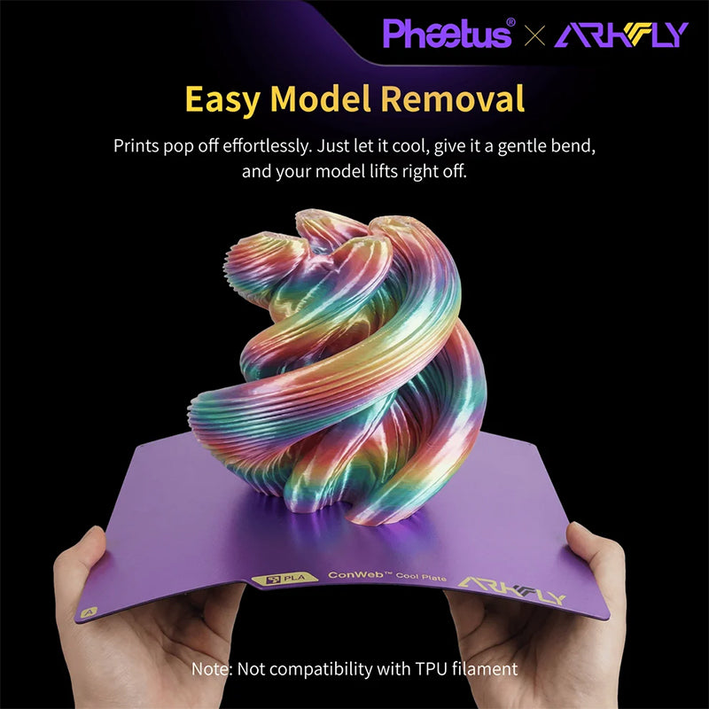Phaetus Arkfly POPWEB Cool Plate being flexed to demonstrate easy pop-off 3D print removal