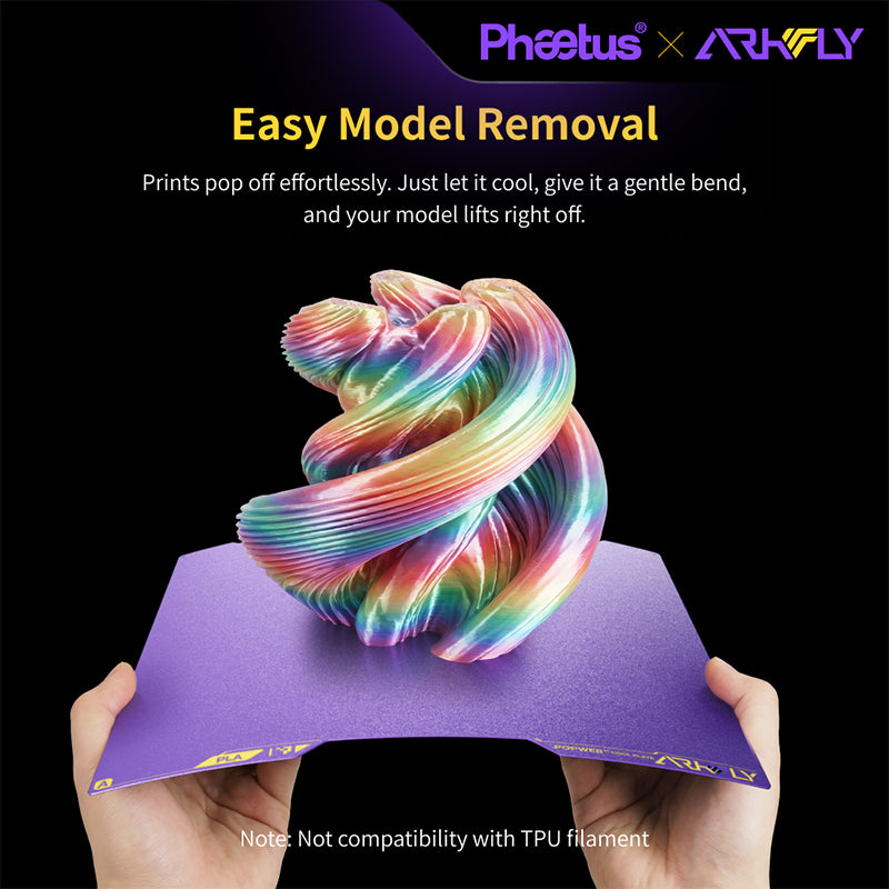 Phaetus Arkfly POPWEB Cool Plate 355x346mm being flexed to demonstrate easy pop-off 3D print removal