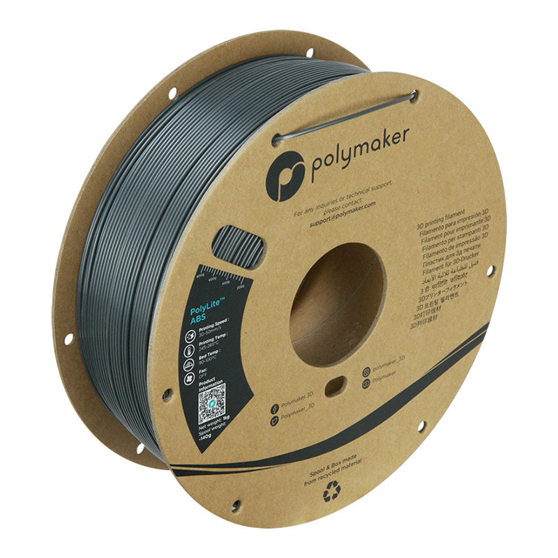 Polymaker PolyLite ABS 3D printer filament in dark grey on 1kg cardboard spool