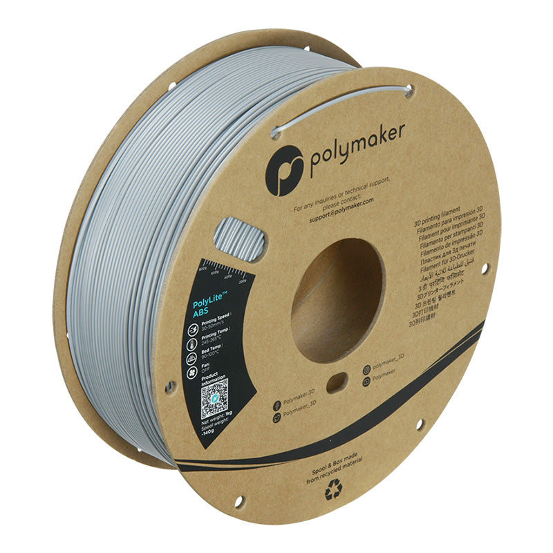 Polymaker PolyLite ABS 3D printer filament in grey on 1kg cardboard spool