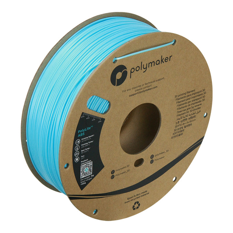 Polymaker PolyLite ABS 3D printer filament in light blue on 1kg cardboard spool
