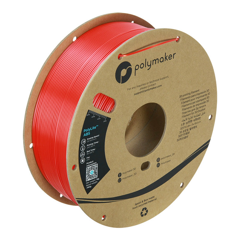 Polymaker PolyLite ABS 3D printer filament in red on 1kg cardboard spool