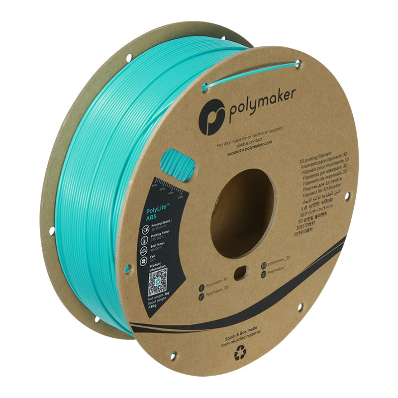 Polymaker PolyLite ABS 3D printer filament in teal on 1kg cardboard spool