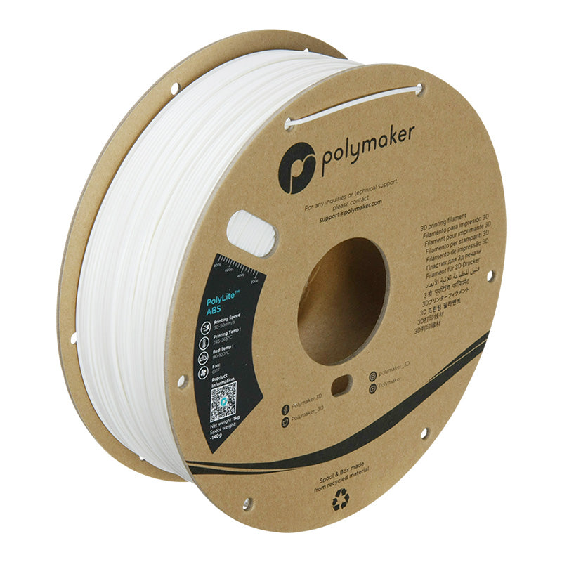 Polymaker PolyLite ABS 3D printer filament in white on 1kg cardboard spool