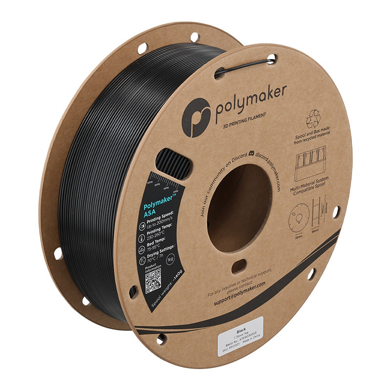 Polymaker PolyLite ASA 3D printer filament in black on 1kg cardboard spool