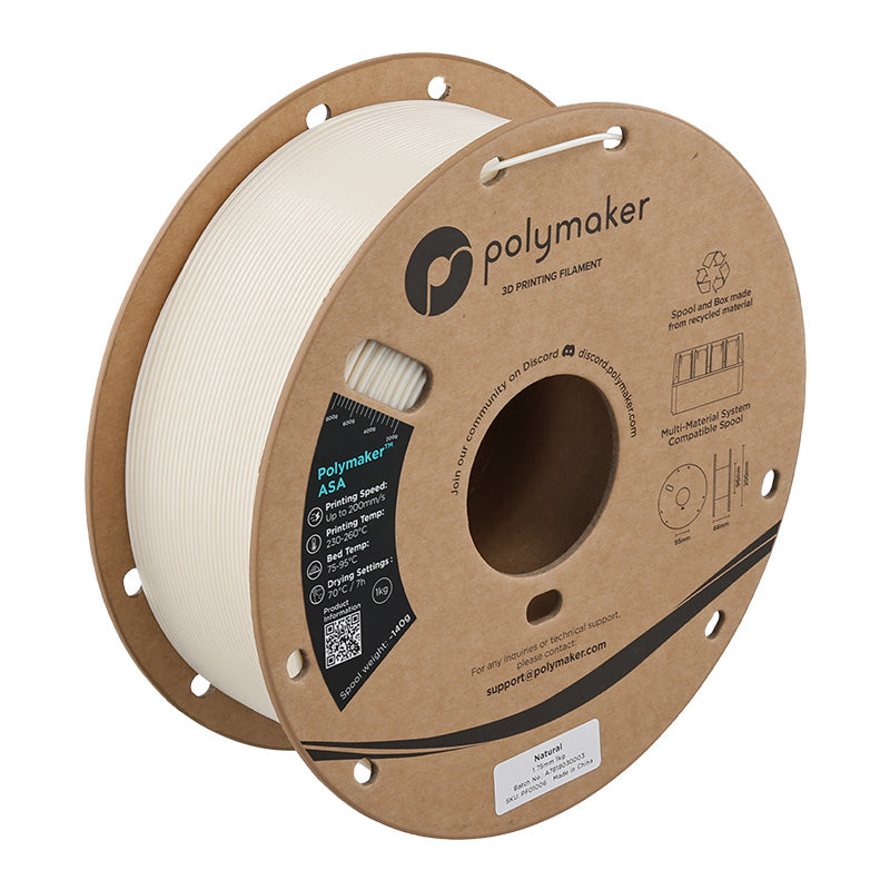 Polymaker PolyLite ASA 3D printer filament in white on 1kg cardboard spool