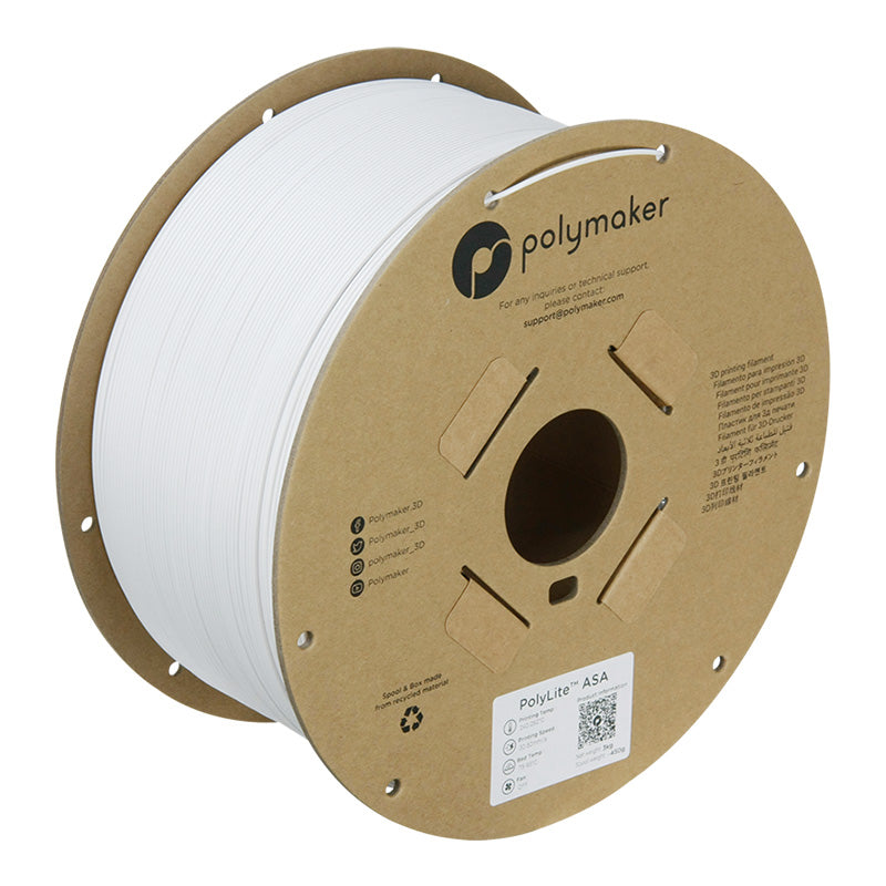 Polymaker PolyLite ASA 3D printer filament in white on a recyclable cardboard spool