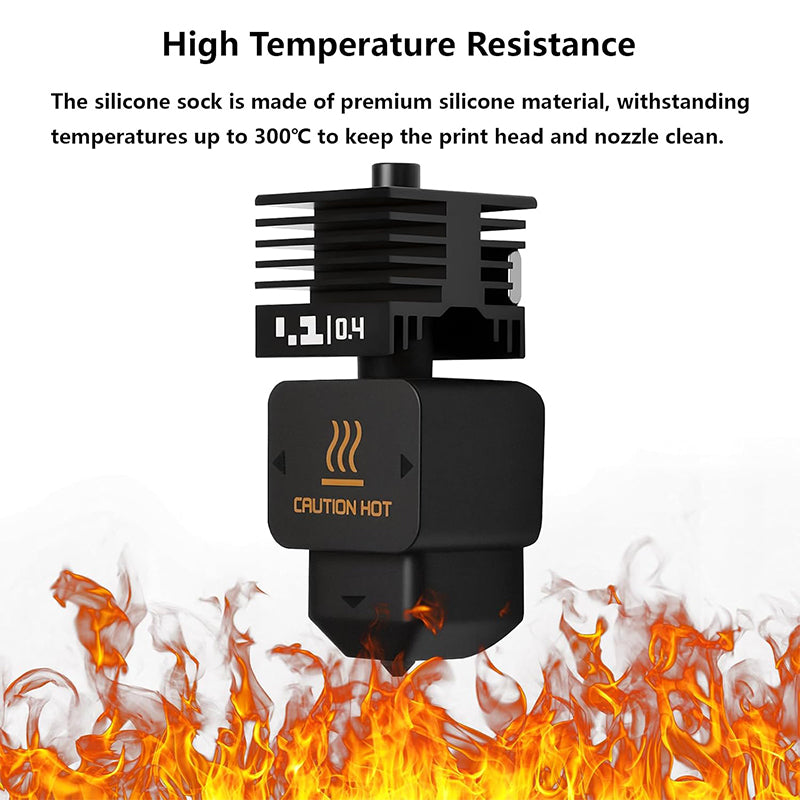 High temperature resistance graphic showing silicone sock withstanding heat on hotend assembly