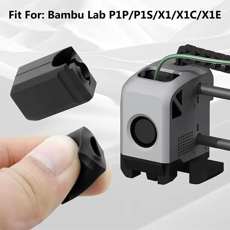 Black plastic replacement parts shown alongside a small hand holding one piece, with a pump unit on the right and text at the top reading 'Fit For: Bambu Lab P1P/P1S/X1/X1C/X1E'.