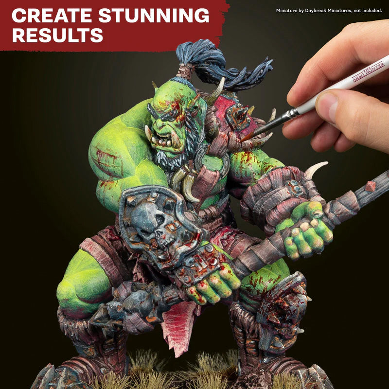 Hand painting a detailed fantasy figurine with text 'Create Stunning Results'.