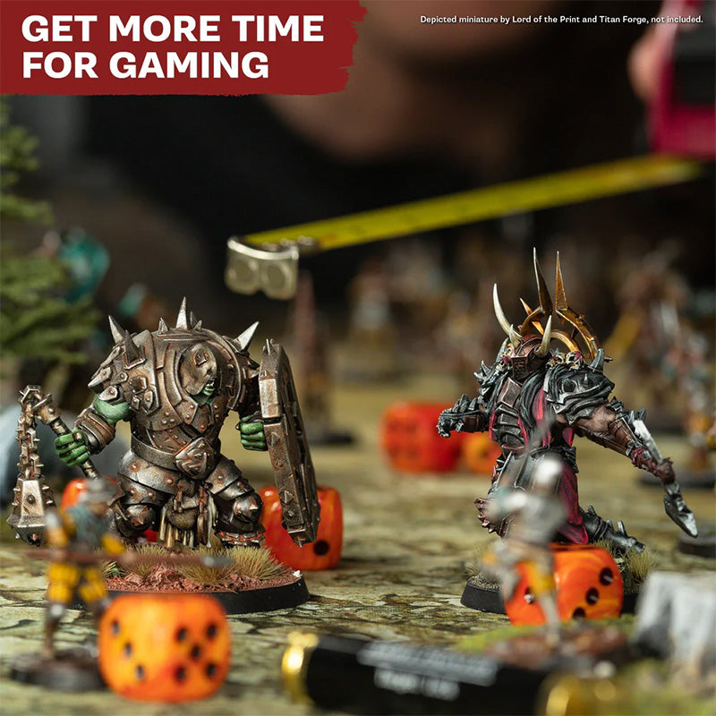 Two warrior figurines with a dice and text about gaming time on a blurred background