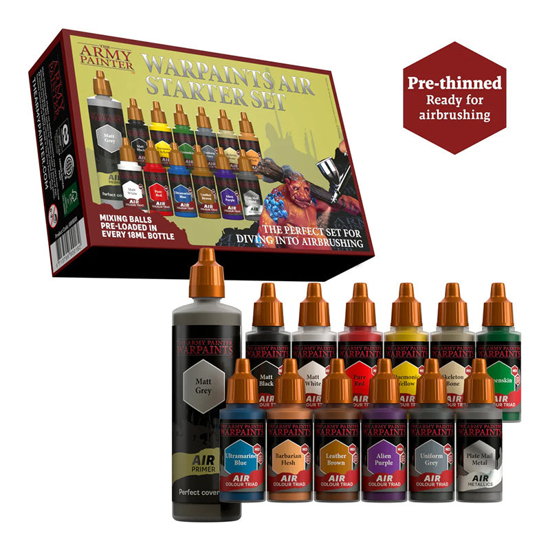 Warpaints Air Starter Set box with 12 paints and 100ml Matt Grey primer bottle