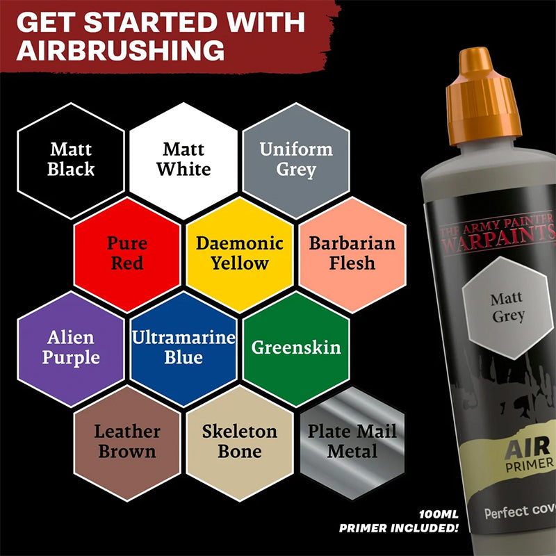 Warpaints Air Starter Set included color palette swatches and Matt Grey primer