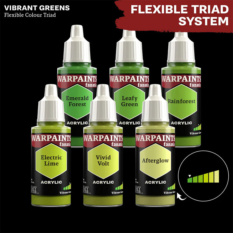 Set of Warpaints acrylic paint bottles in deep greens with a flexible triad system label.