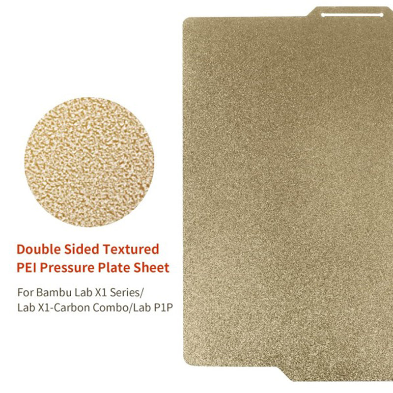 Close-up texture detail and full view of double-sided textured PEI flex plate for Bambu Lab X1 and P1 series