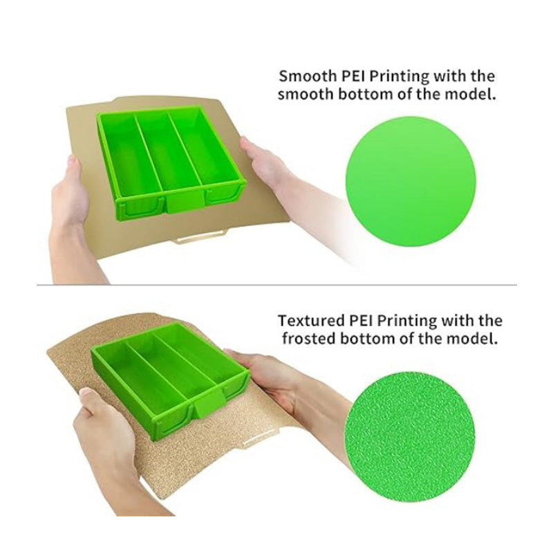 Demonstration showing smooth bottom finish versus matte textured bottom finish on a green 3D printed model