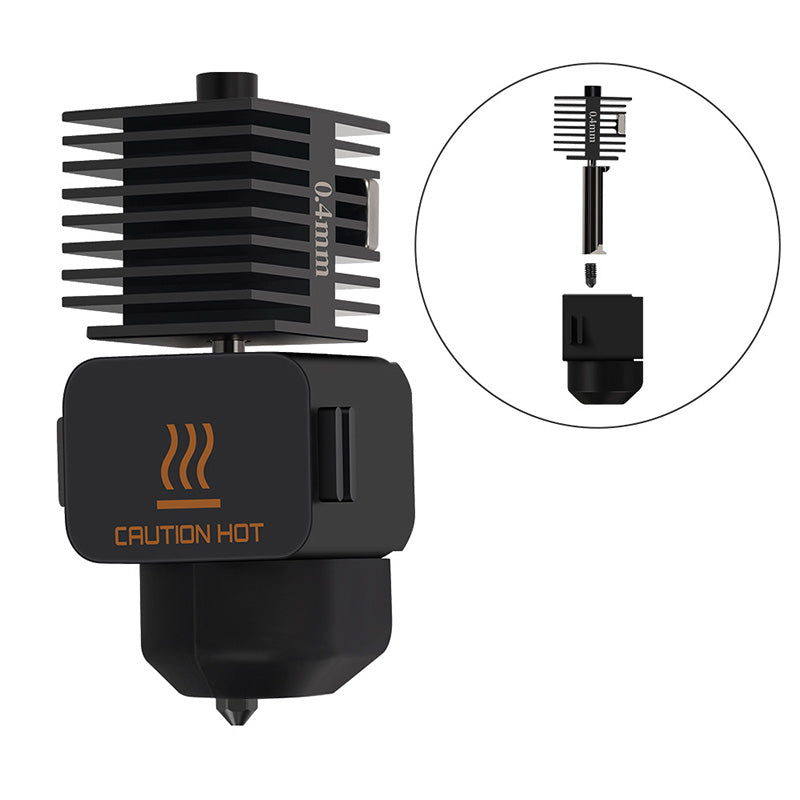 Quick-swap hotend assembly with black silicone sock and inset diagram showing detachable nozzle mechanism for Bambu Lab A Series