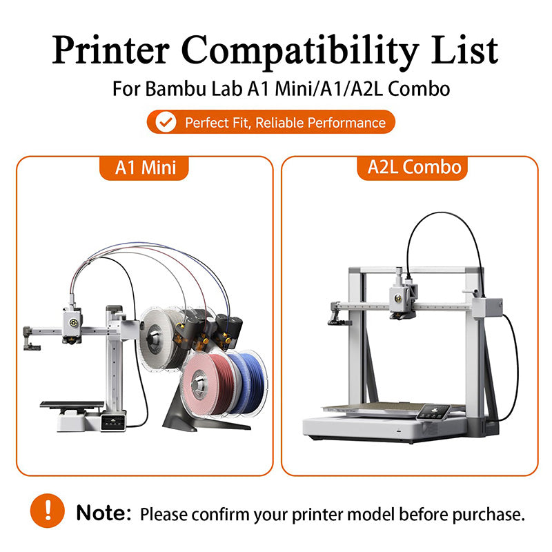 Printer compatibility chart showing fitment for Bambu Lab A1 Mini, A1, and A2L Combo 3D printers
