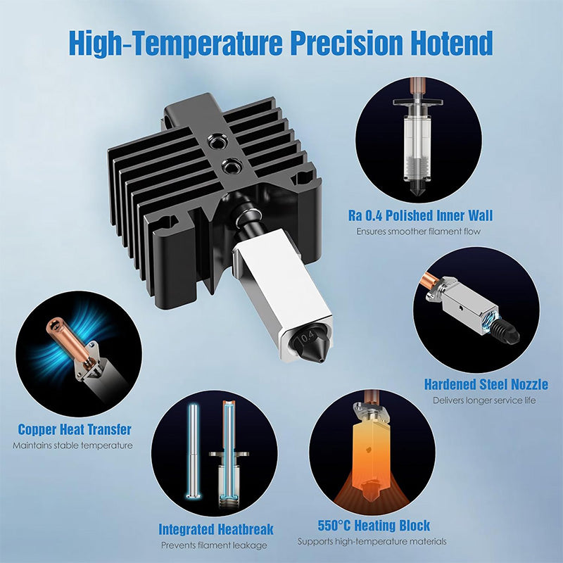 Feature callouts highlighting hardened steel nozzle, high-temperature ceramic heater, and thermistor assembly for Bambu Lab P Series and X Series