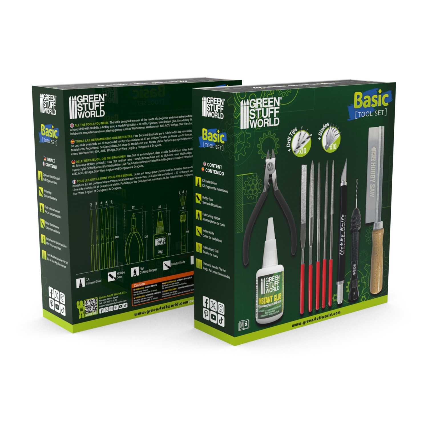 Green Stuff World Basic Tool Set shown with its retail packaging, featuring a dark green box with yellow accents and illustrations of the included tools.