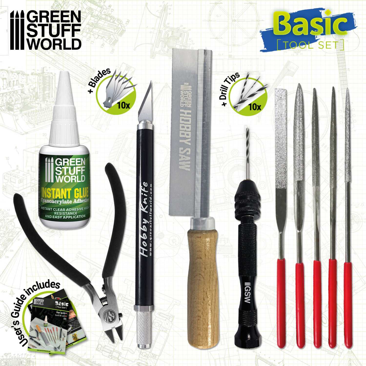 Green Stuff World Basic Tool Set with various tools and a bottle of instant glue on a white background.