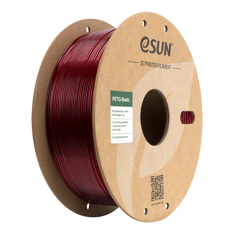 eSUN PETG Basic translucent red 1.75mm 3D printing filament spool on an eco-friendly cardboard core.