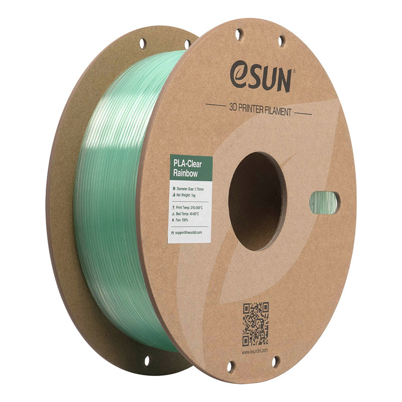Spool of eSUN translucent Cyan Crystal PLA-Clear 3D printer filament on a cardboard spool.