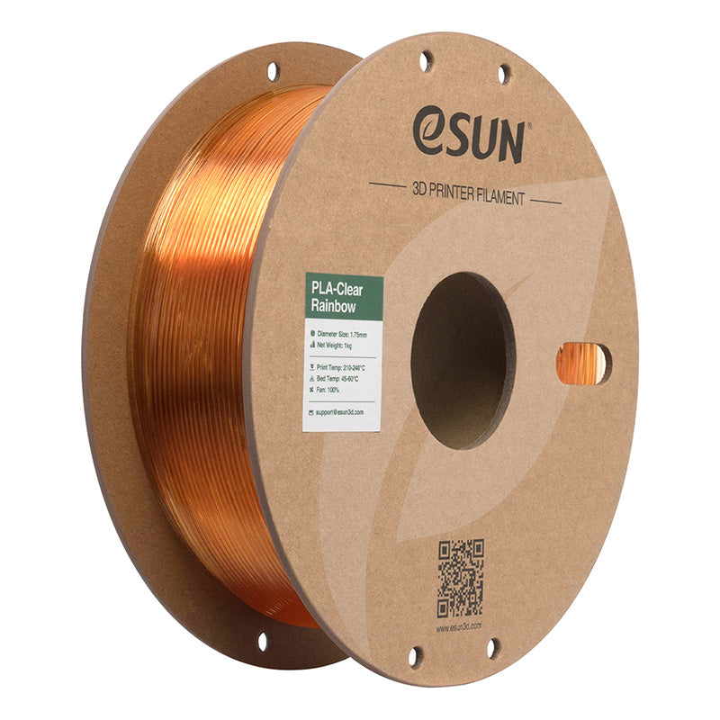 Spool of eSUN translucent Flame Crystal PLA-Clear 3D printer filament on a cardboard spool.