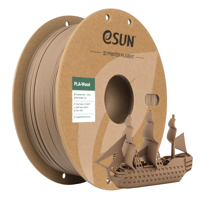 A 1kg spool of eSUN PLA-Wood 3D printer filament in Oak. The filament features a medium golden-brown natural timber shade with a non-glossy, realistic wood finish.