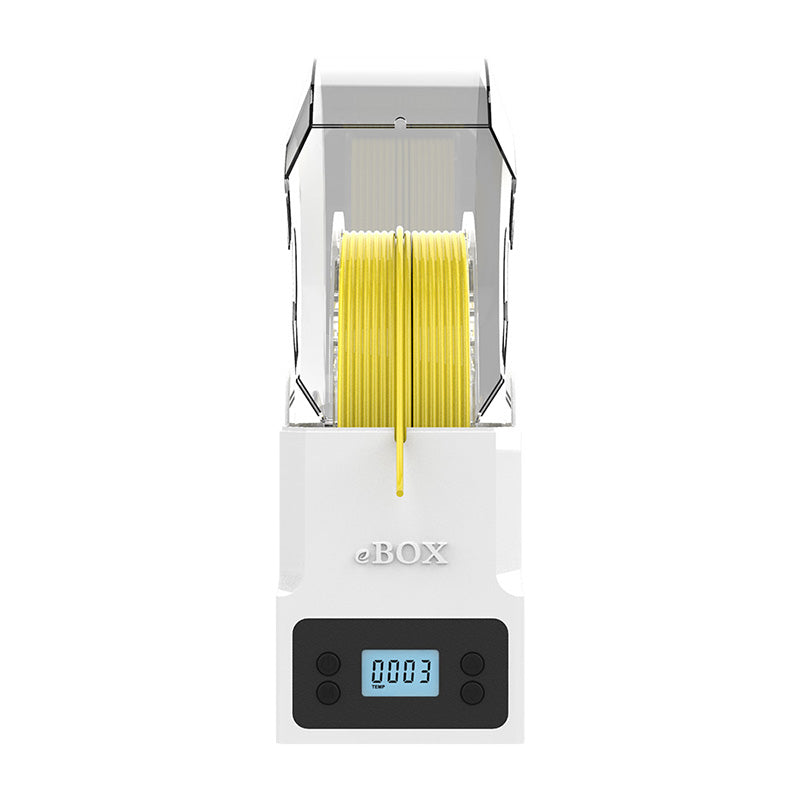 Front-facing view of the eSUN eBOX Lite filament storage box featuring digital LED display and compact white housing.
