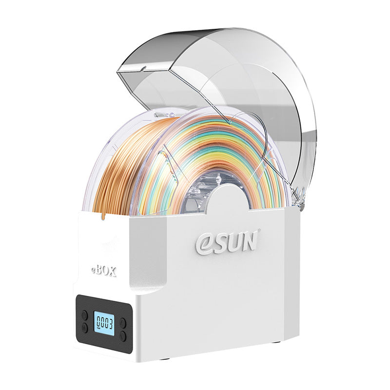 eSUN eBOX Lite active filament dryer with lid open, showcasing internal spool roller bearings holding multi-color rainbow filament.