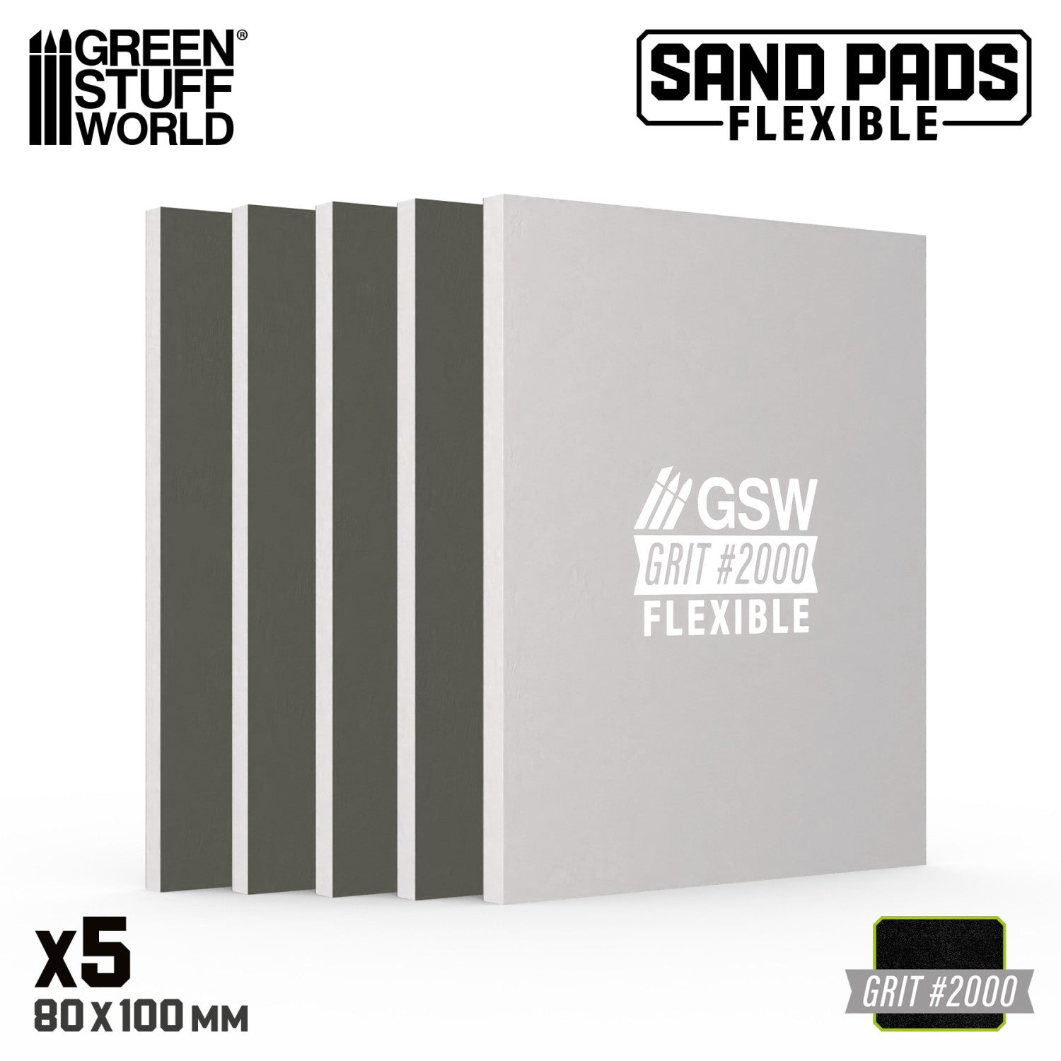 Set of flexible sanding pads with 'Green Stuff World' branding on a white background