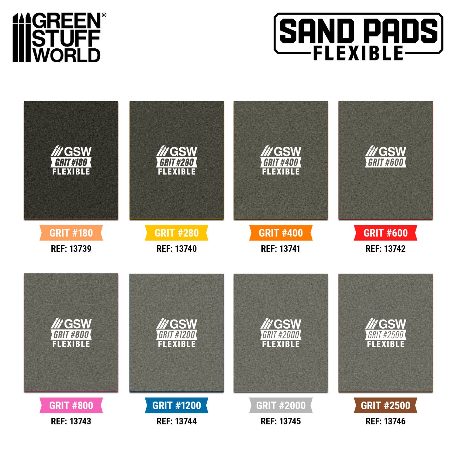 Collection of sand pads with different grits and GSW branding on a white background.