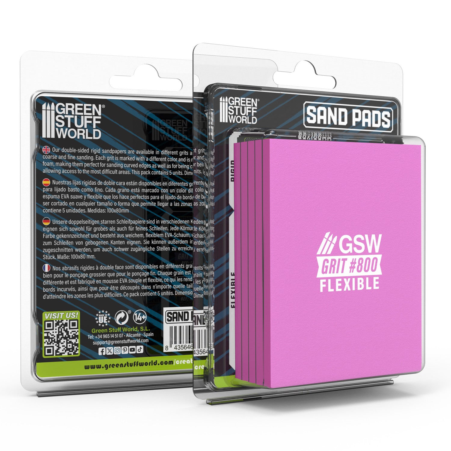 Pink sanding pad with 'Green Stuff World' branding in packaging on a white background