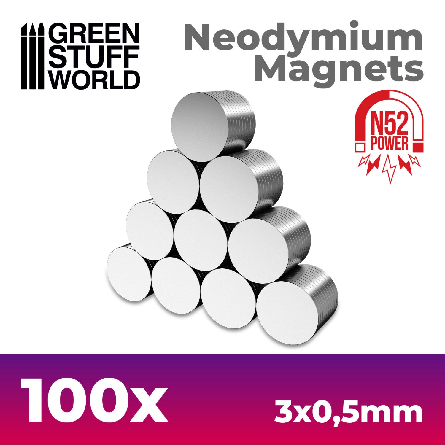 Green Stuff World N52 Neodymium Magnets - 3 x 0.5 mm (100-Pack)