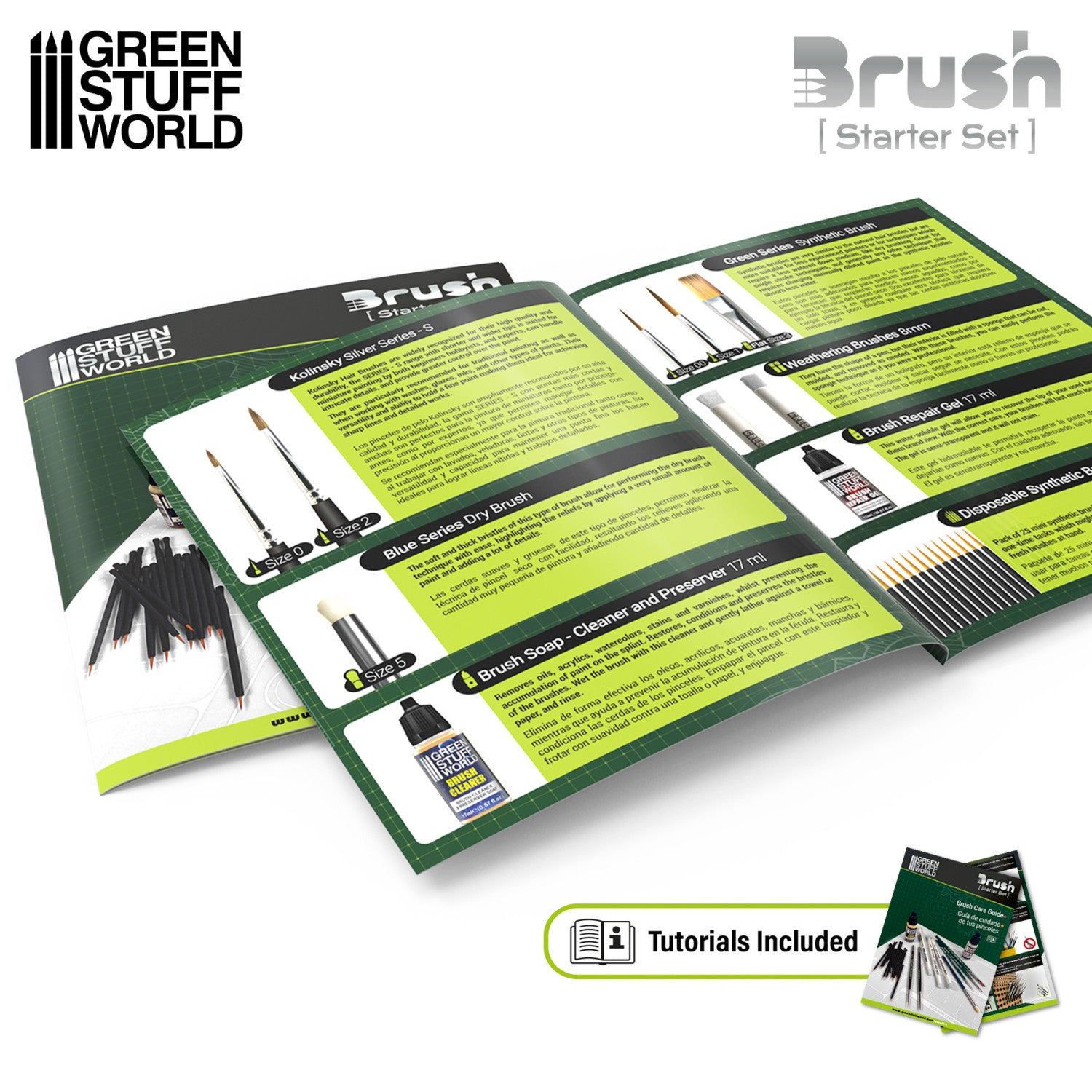 Green Stuff World Brush Starter Set packaging with tools and tutorials on a white background